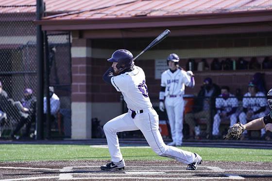 Photo of the Chatham University men's baseball team, with a student up at bat and others behind in the dugout 